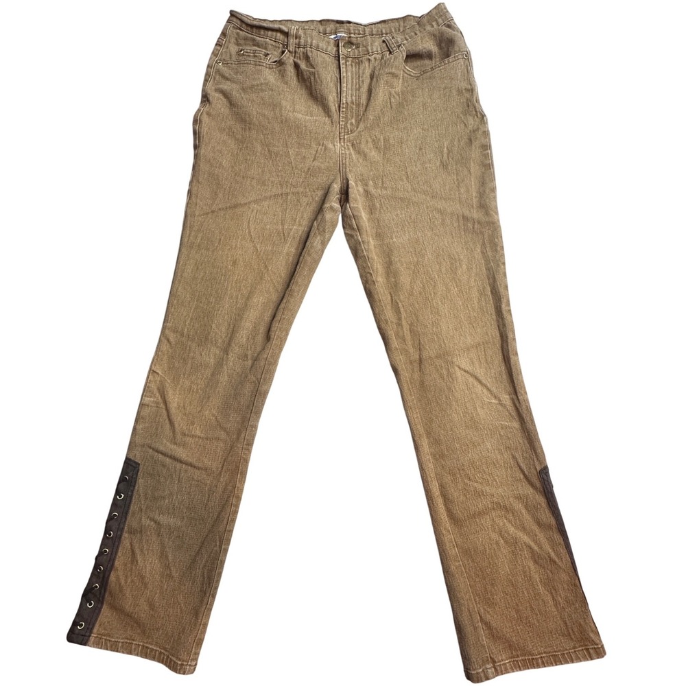 DG2 Diane Gilman Straight Leg Pants Womens 12T Brown Ramie Cotton Lace Up Ankle